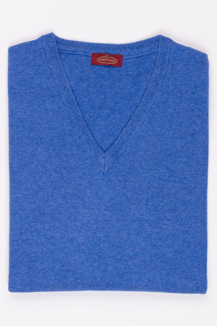 SCOLLO A V MISTO CASHMERE AZZURRO