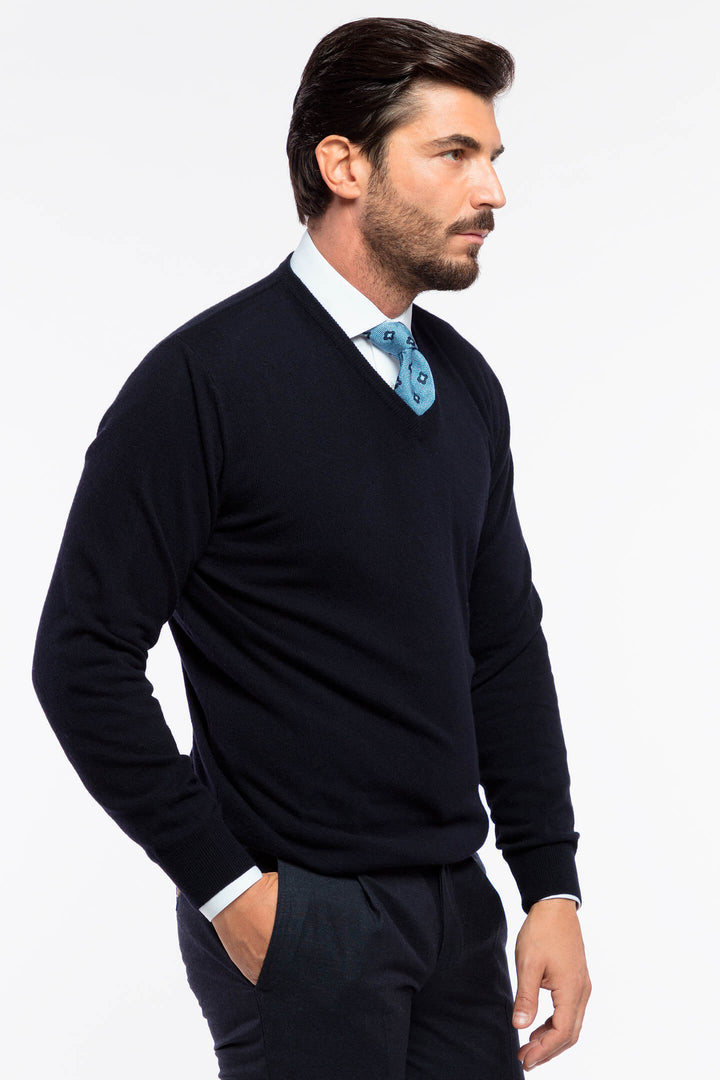SCOLLO A V MISTO CASHMERE BLU